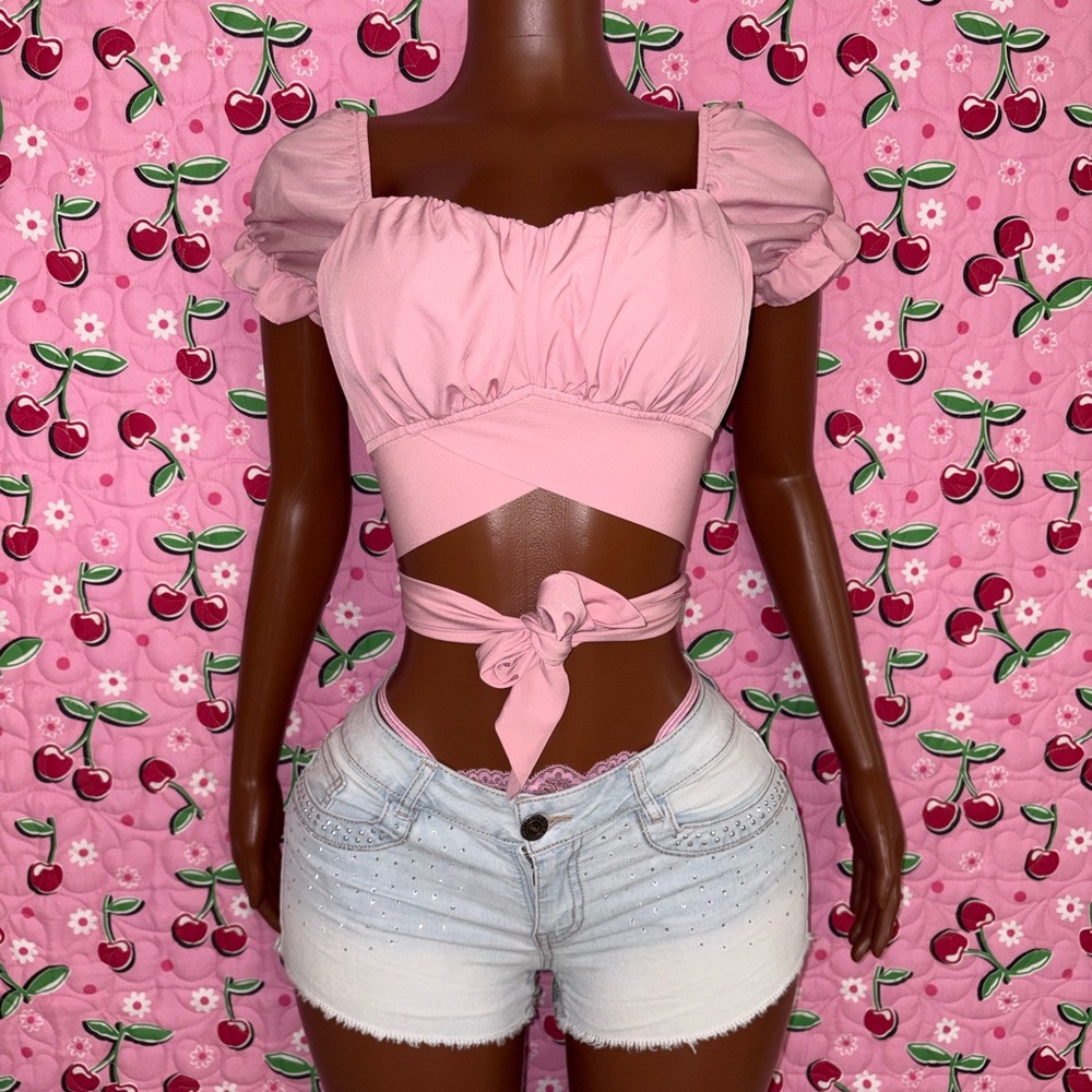 Pink Puff Sleeve Wrap Top